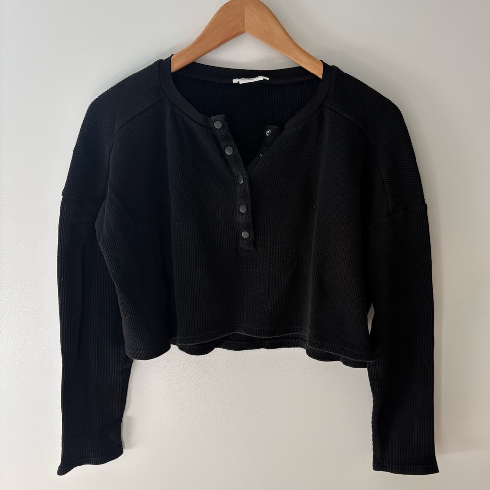Small Lovers and Friends Black Waffle Crop Henley